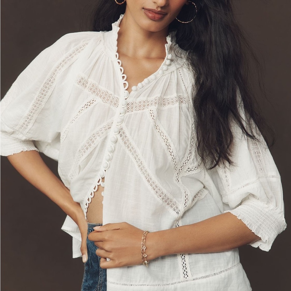 Anthropologie Victorian Puff sleeve lace Blouse Short sleeve Small new with tags